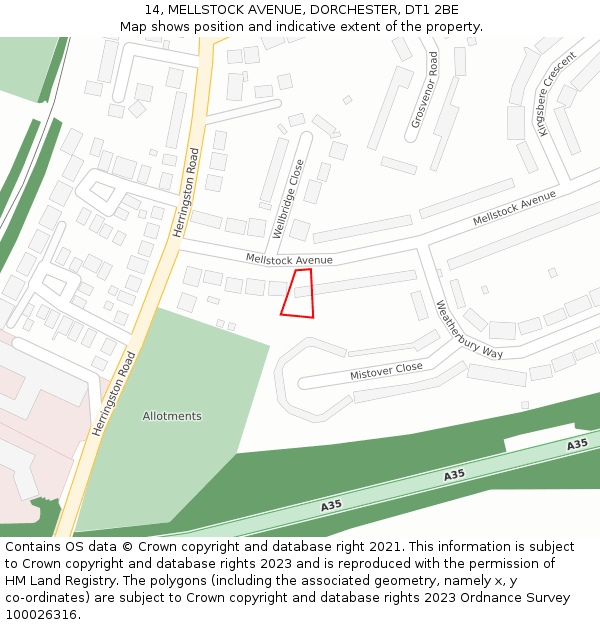 14, MELLSTOCK AVENUE, DORCHESTER, DT1 2BE: Location map and indicative extent of plot