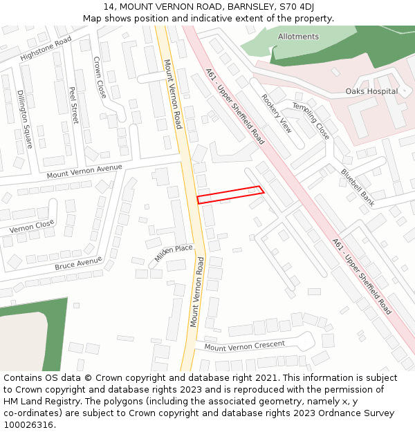 14, MOUNT VERNON ROAD, BARNSLEY, S70 4DJ: Location map and indicative extent of plot