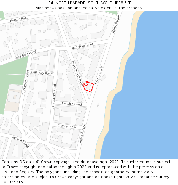 14, NORTH PARADE, SOUTHWOLD, IP18 6LT: Location map and indicative extent of plot