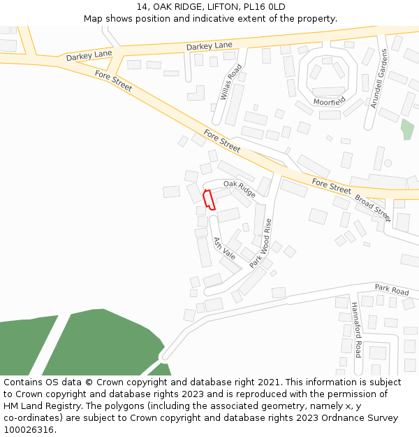 14, OAK RIDGE, LIFTON, PL16 0LD: Location map and indicative extent of plot