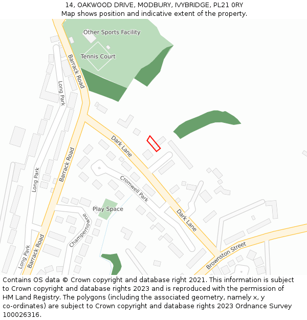 14, OAKWOOD DRIVE, MODBURY, IVYBRIDGE, PL21 0RY: Location map and indicative extent of plot