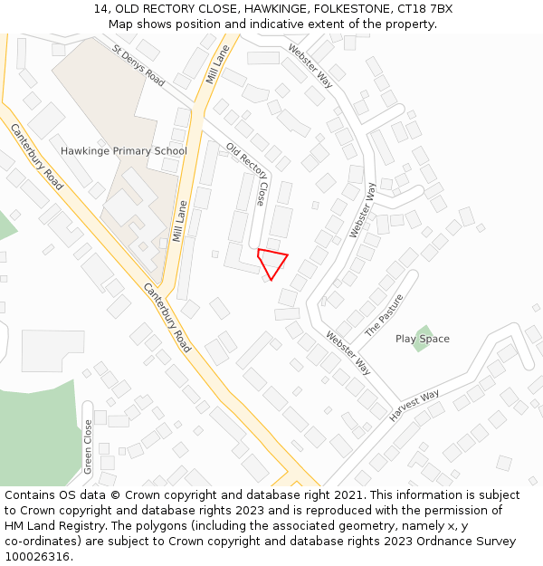 14, OLD RECTORY CLOSE, HAWKINGE, FOLKESTONE, CT18 7BX: Location map and indicative extent of plot