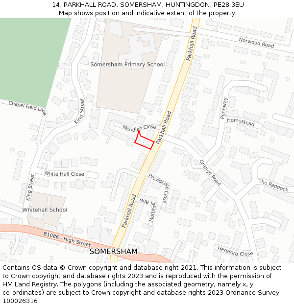 14, PARKHALL ROAD, SOMERSHAM, HUNTINGDON, PE28 3EU: Location map and indicative extent of plot