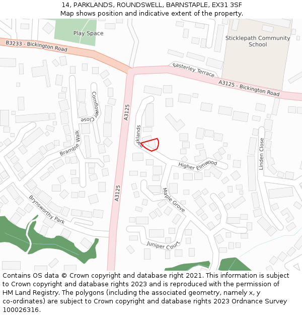 14, PARKLANDS, ROUNDSWELL, BARNSTAPLE, EX31 3SF: Location map and indicative extent of plot