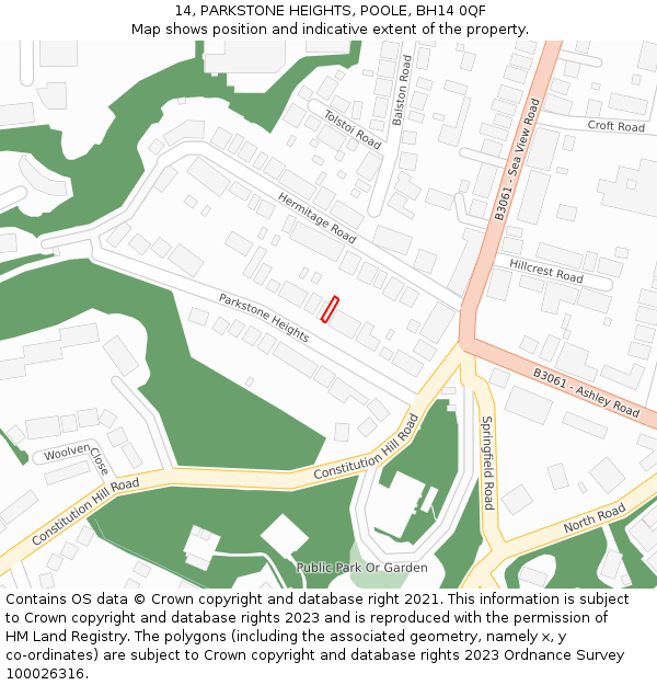 14, PARKSTONE HEIGHTS, POOLE, BH14 0QF: Location map and indicative extent of plot