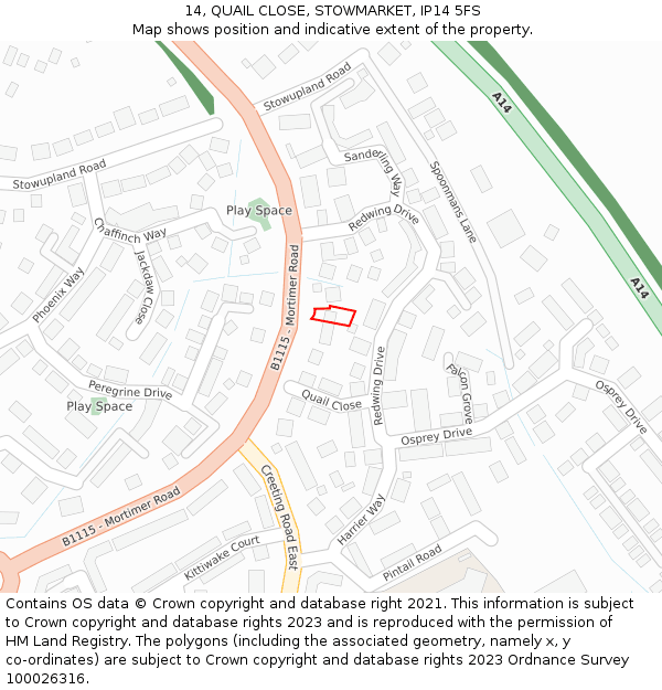 14, QUAIL CLOSE, STOWMARKET, IP14 5FS: Location map and indicative extent of plot