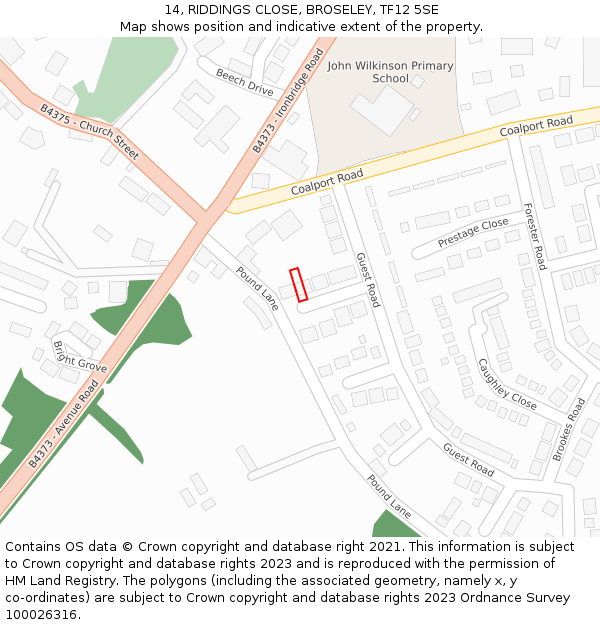 14, RIDDINGS CLOSE, BROSELEY, TF12 5SE: Location map and indicative extent of plot