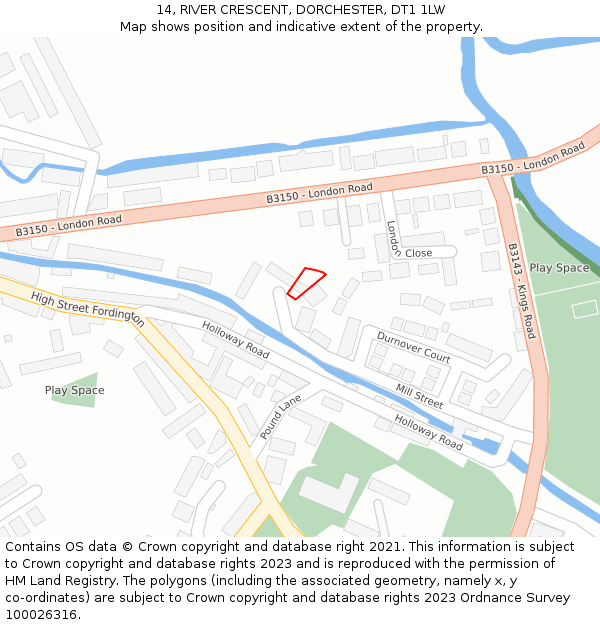 14, RIVER CRESCENT, DORCHESTER, DT1 1LW: Location map and indicative extent of plot