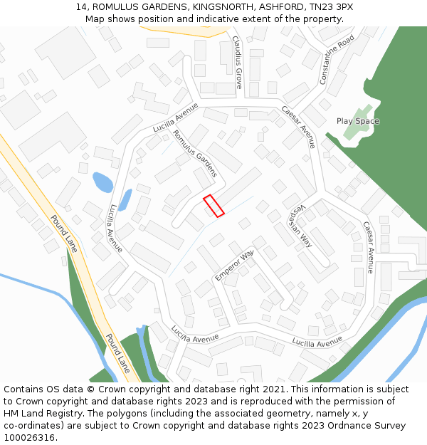 14, ROMULUS GARDENS, KINGSNORTH, ASHFORD, TN23 3PX: Location map and indicative extent of plot