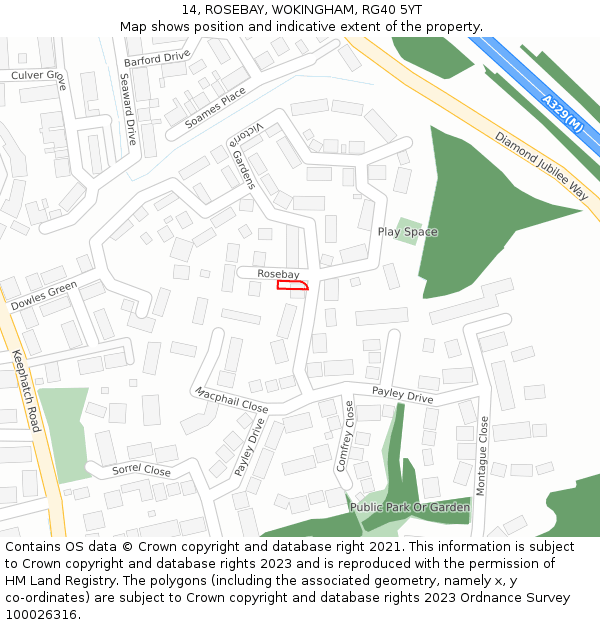 14, ROSEBAY, WOKINGHAM, RG40 5YT: Location map and indicative extent of plot