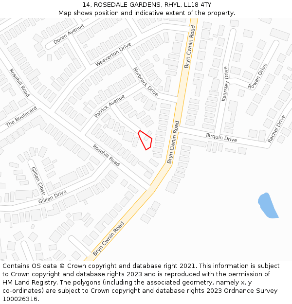 14, ROSEDALE GARDENS, RHYL, LL18 4TY: Location map and indicative extent of plot