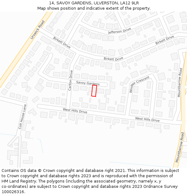 14, SAVOY GARDENS, ULVERSTON, LA12 9LR: Location map and indicative extent of plot