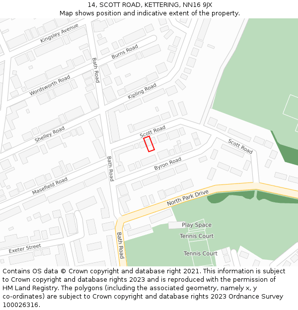 14, SCOTT ROAD, KETTERING, NN16 9JX: Location map and indicative extent of plot