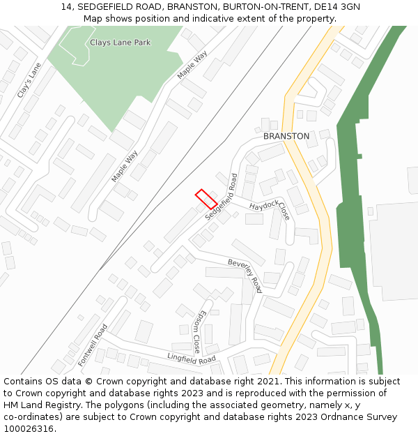 14, SEDGEFIELD ROAD, BRANSTON, BURTON-ON-TRENT, DE14 3GN: Location map and indicative extent of plot