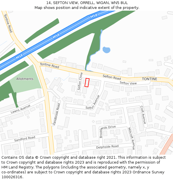 14, SEFTON VIEW, ORRELL, WIGAN, WN5 8UL: Location map and indicative extent of plot