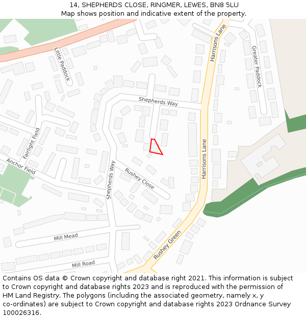 14, SHEPHERDS CLOSE, RINGMER, LEWES, BN8 5LU: Location map and indicative extent of plot