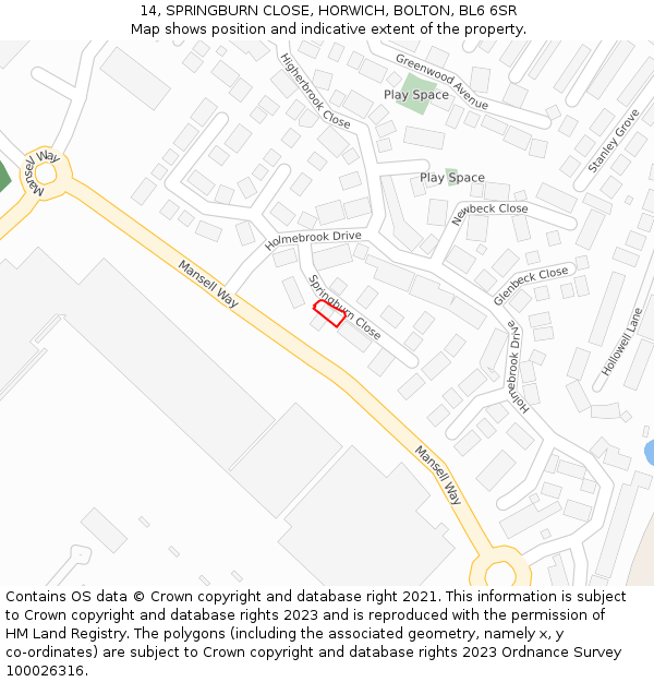 14, SPRINGBURN CLOSE, HORWICH, BOLTON, BL6 6SR: Location map and indicative extent of plot