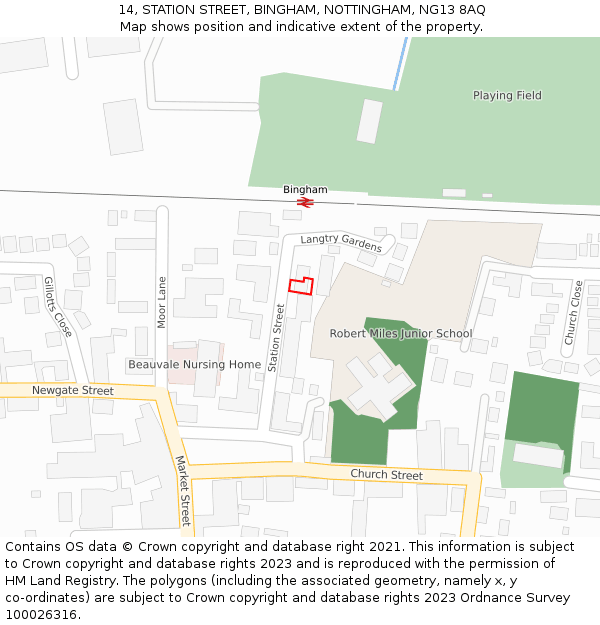 14, STATION STREET, BINGHAM, NOTTINGHAM, NG13 8AQ: Location map and indicative extent of plot