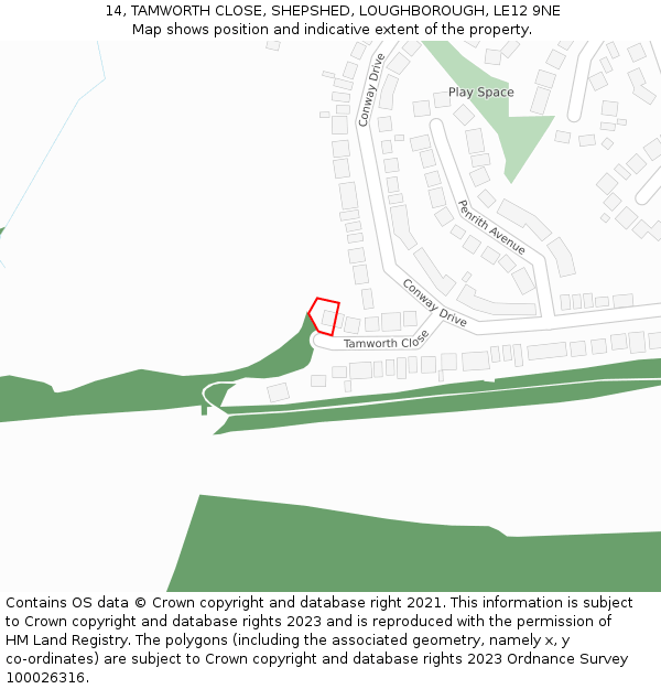 14, TAMWORTH CLOSE, SHEPSHED, LOUGHBOROUGH, LE12 9NE: Location map and indicative extent of plot