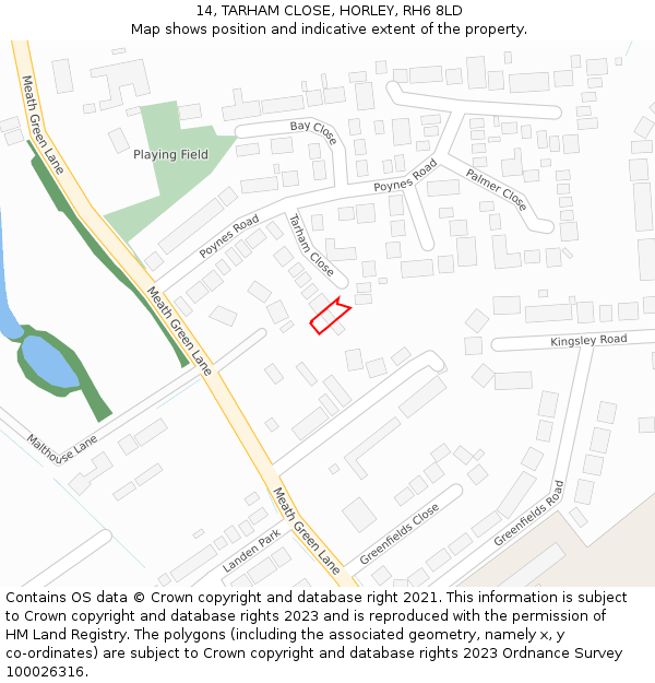 14, TARHAM CLOSE, HORLEY, RH6 8LD: Location map and indicative extent of plot
