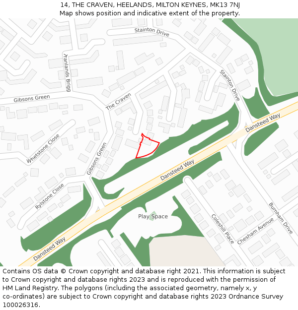 14, THE CRAVEN, HEELANDS, MILTON KEYNES, MK13 7NJ: Location map and indicative extent of plot