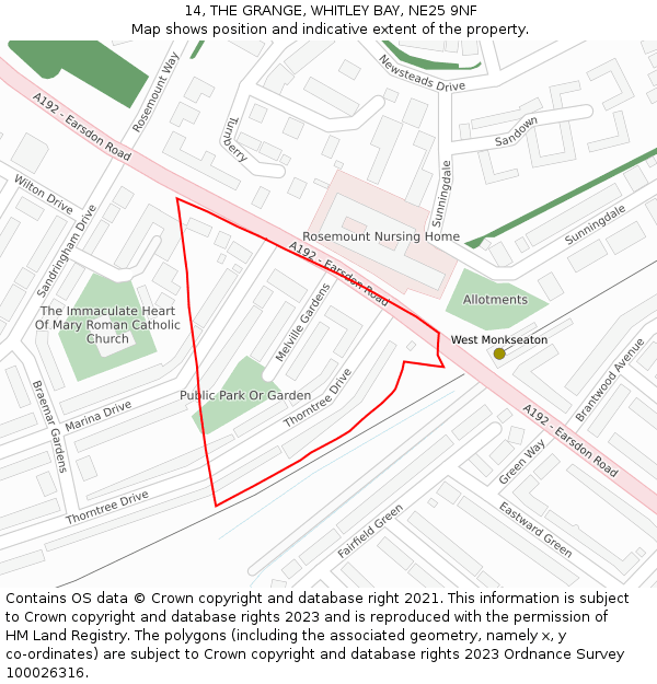 14, THE GRANGE, WHITLEY BAY, NE25 9NF: Location map and indicative extent of plot