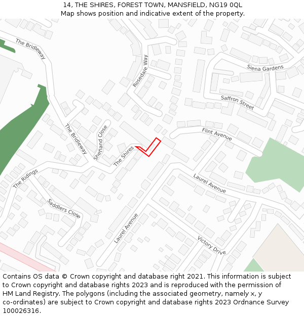 14, THE SHIRES, FOREST TOWN, MANSFIELD, NG19 0QL: Location map and indicative extent of plot