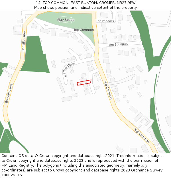 14, TOP COMMON, EAST RUNTON, CROMER, NR27 9PW: Location map and indicative extent of plot