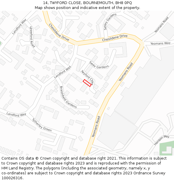 14, TWYFORD CLOSE, BOURNEMOUTH, BH8 0PQ: Location map and indicative extent of plot