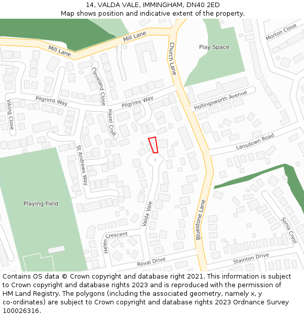 14, VALDA VALE, IMMINGHAM, DN40 2ED: Location map and indicative extent of plot