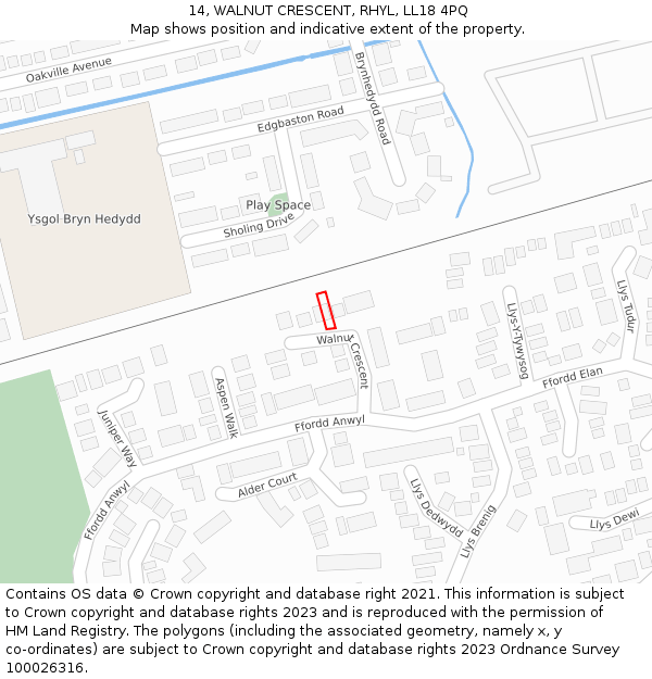 14, WALNUT CRESCENT, RHYL, LL18 4PQ: Location map and indicative extent of plot