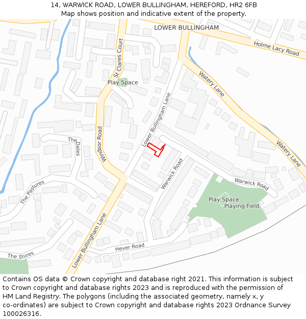 14, WARWICK ROAD, LOWER BULLINGHAM, HEREFORD, HR2 6FB: Location map and indicative extent of plot