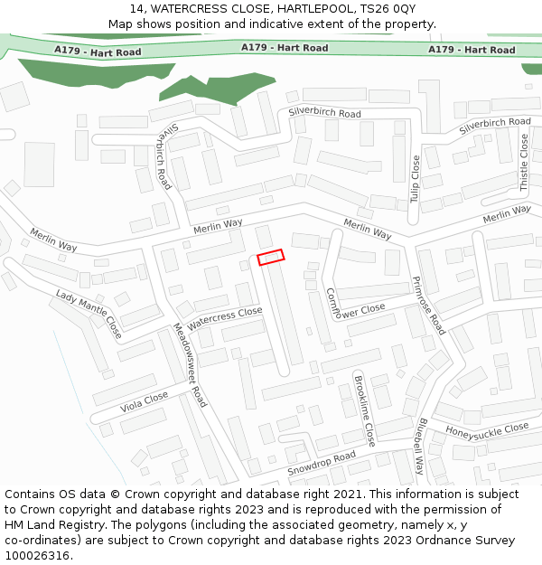 14, WATERCRESS CLOSE, HARTLEPOOL, TS26 0QY: Location map and indicative extent of plot