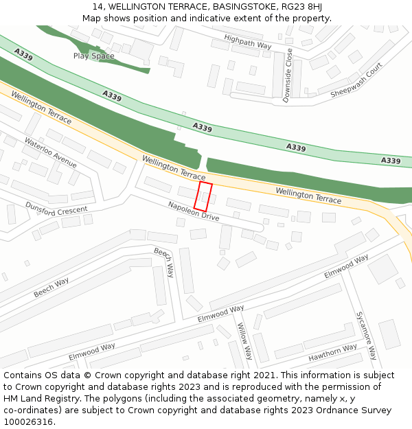 14, WELLINGTON TERRACE, BASINGSTOKE, RG23 8HJ: Location map and indicative extent of plot