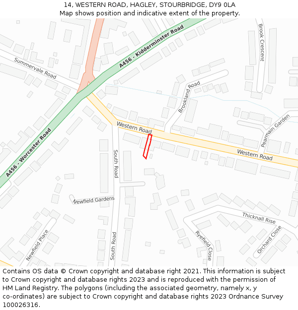 14, WESTERN ROAD, HAGLEY, STOURBRIDGE, DY9 0LA: Location map and indicative extent of plot