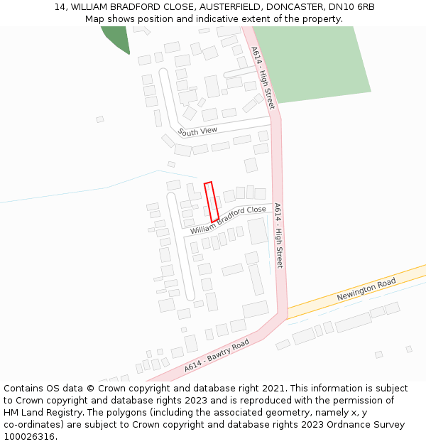 14, WILLIAM BRADFORD CLOSE, AUSTERFIELD, DONCASTER, DN10 6RB: Location map and indicative extent of plot