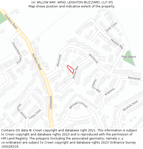 14, WILLOW WAY, WING, LEIGHTON BUZZARD, LU7 0TJ: Location map and indicative extent of plot