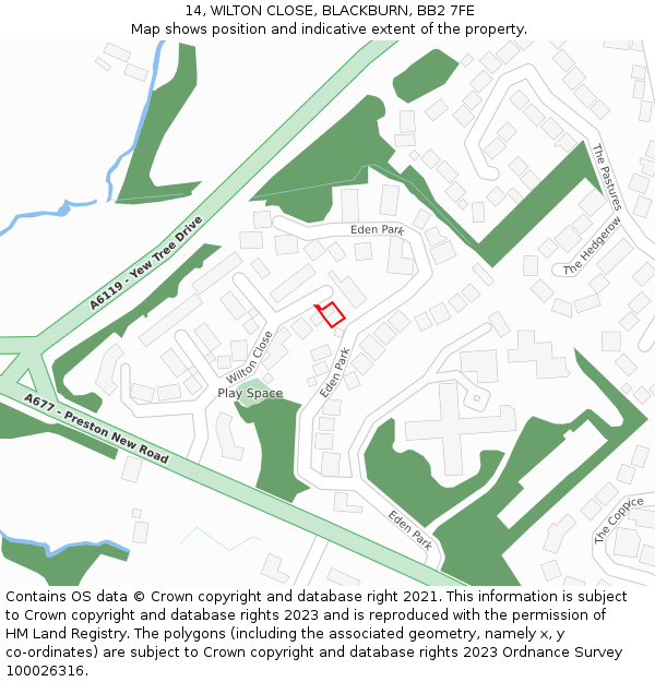 14, WILTON CLOSE, BLACKBURN, BB2 7FE: Location map and indicative extent of plot