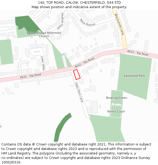 140, TOP ROAD, CALOW, CHESTERFIELD, S44 5TD: Location map and indicative extent of plot