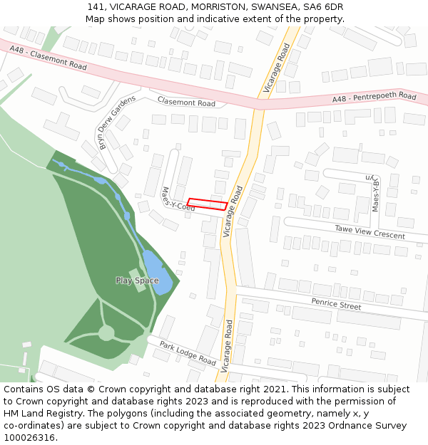 141, VICARAGE ROAD, MORRISTON, SWANSEA, SA6 6DR: Location map and indicative extent of plot