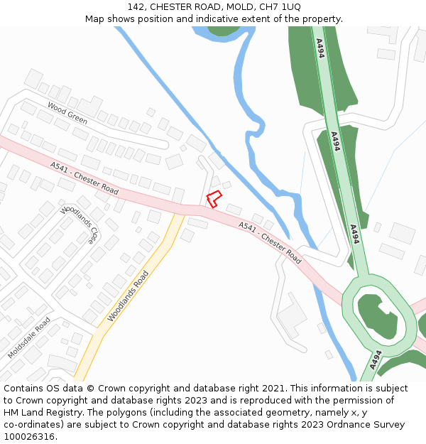 142, CHESTER ROAD, MOLD, CH7 1UQ: Location map and indicative extent of plot