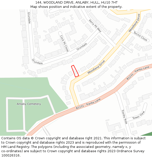 144, WOODLAND DRIVE, ANLABY, HULL, HU10 7HT: Location map and indicative extent of plot