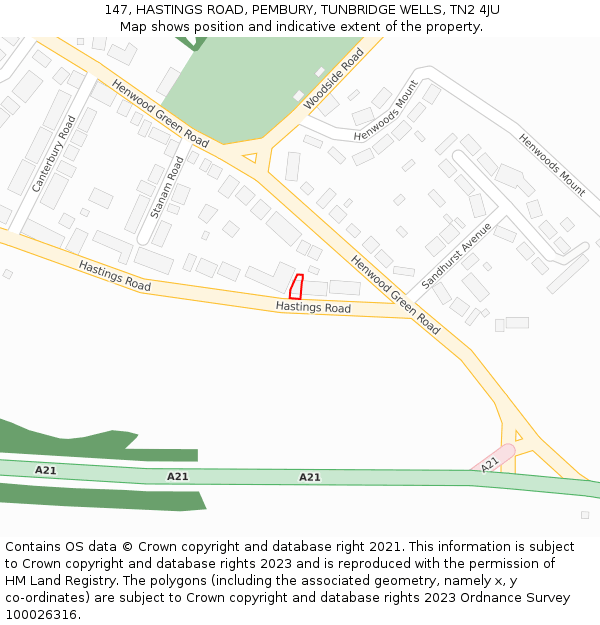 147, HASTINGS ROAD, PEMBURY, TUNBRIDGE WELLS, TN2 4JU: Location map and indicative extent of plot