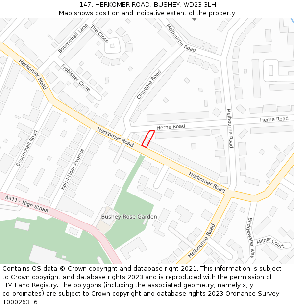 147, HERKOMER ROAD, BUSHEY, WD23 3LH: Location map and indicative extent of plot