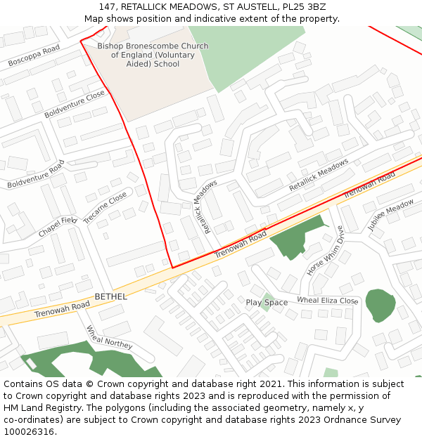 147, RETALLICK MEADOWS, ST AUSTELL, PL25 3BZ: Location map and indicative extent of plot