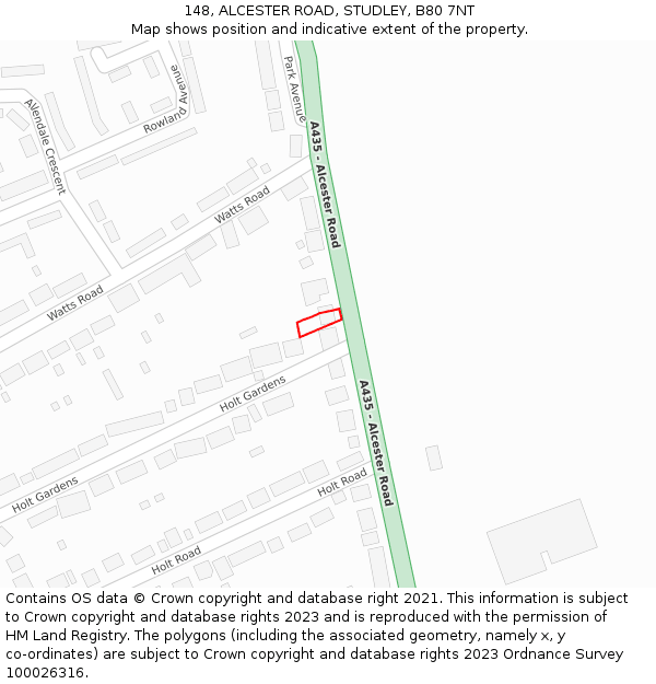 148, ALCESTER ROAD, STUDLEY, B80 7NT: Location map and indicative extent of plot