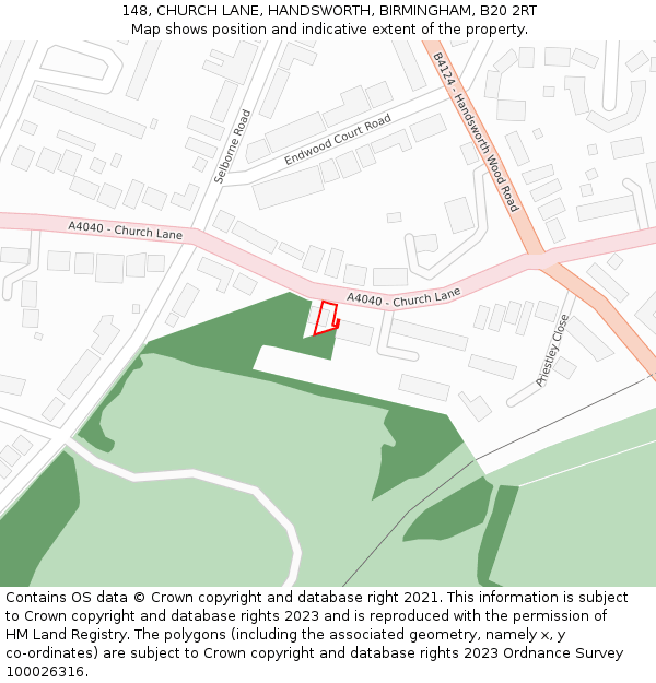 148, CHURCH LANE, HANDSWORTH, BIRMINGHAM, B20 2RT: Location map and indicative extent of plot