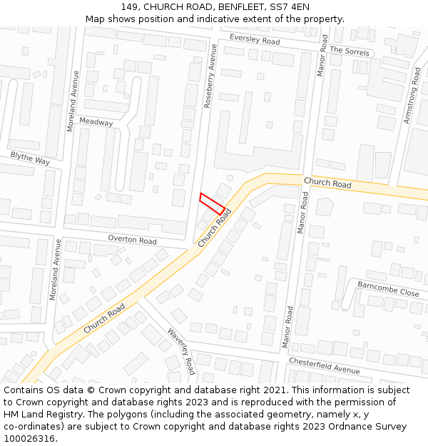 149, CHURCH ROAD, BENFLEET, SS7 4EN: Location map and indicative extent of plot