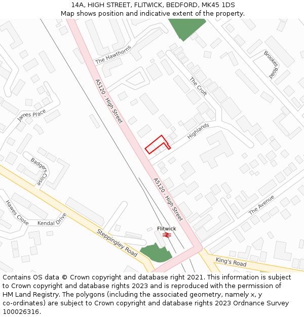 14A, HIGH STREET, FLITWICK, BEDFORD, MK45 1DS: Location map and indicative extent of plot