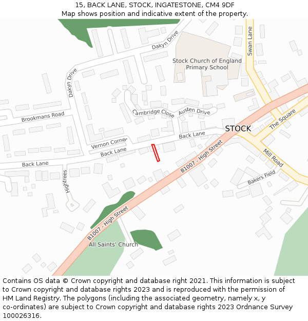 15, BACK LANE, STOCK, INGATESTONE, CM4 9DF: Location map and indicative extent of plot